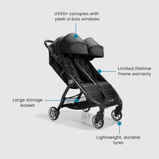 Baby Jogger City Tour 2 Double Travel Pushchair - Pitch Black