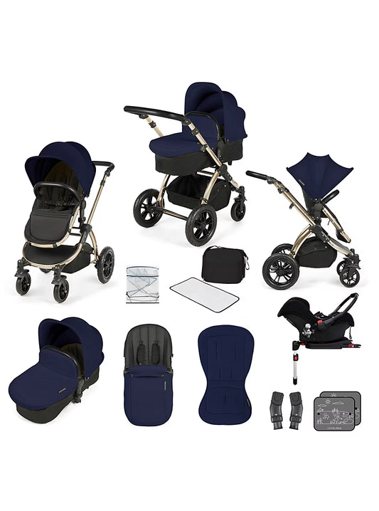 Ickle Bubba Stomp V3 Travel System with Galaxy Car Seat & Isofix Base - Champagne / Navy / Black