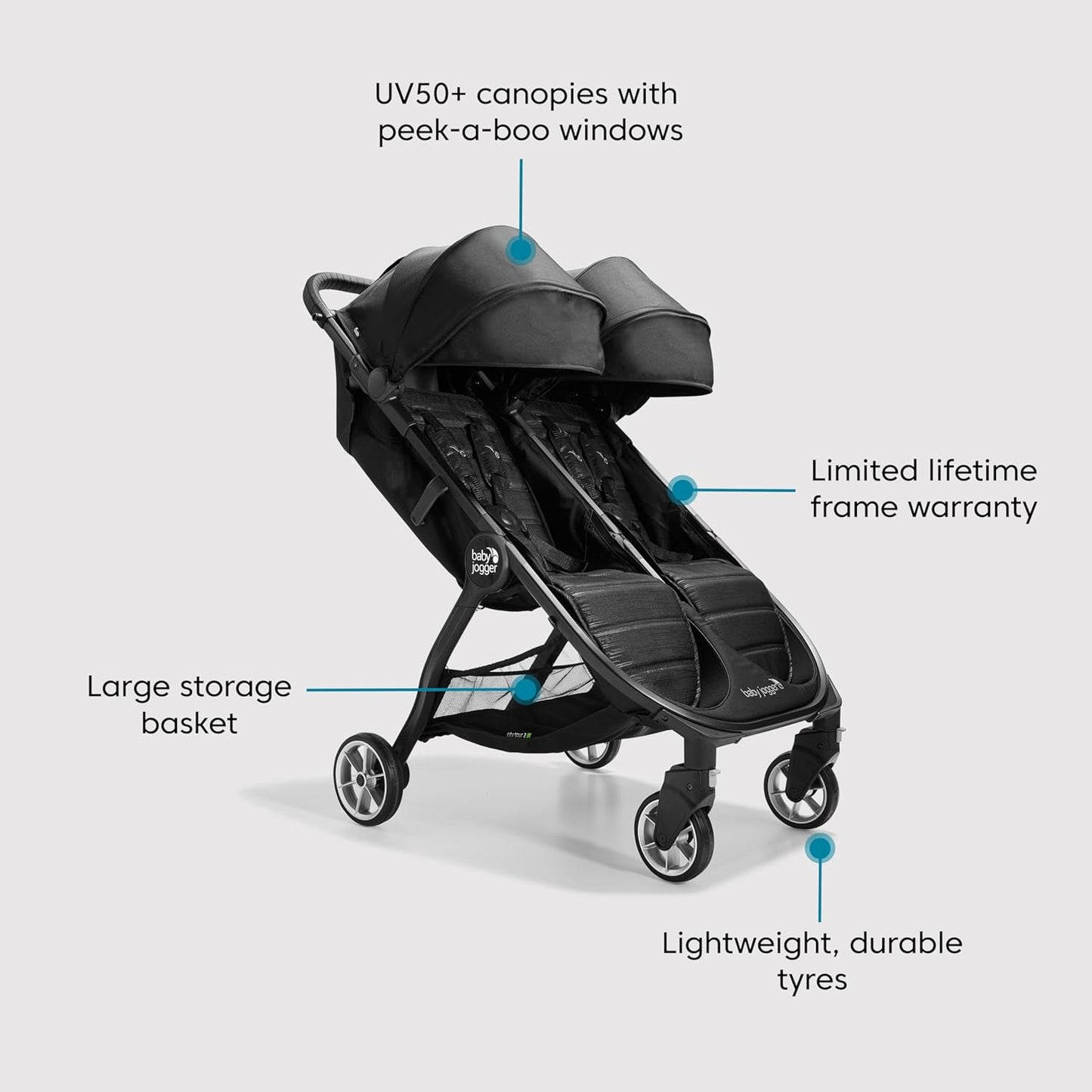 Baby Jogger City Tour 2 Double Travel Pushchair - Pitch Black